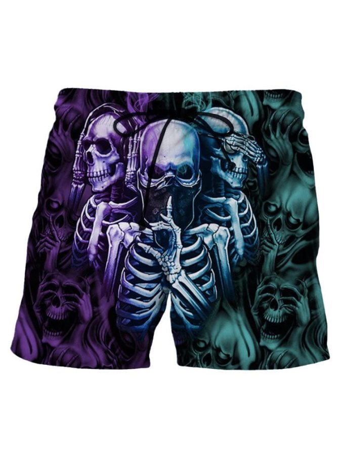 Men'S 3D Skull Print Swim Trunks - Gothic Style Beachwear With Vivid Skeleton Design
