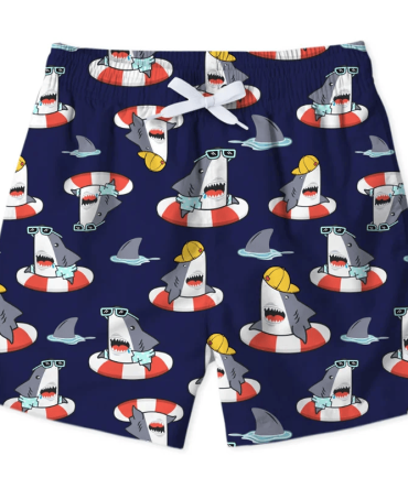 Fun Shark Print Swim Shorts For Kids - Cool Beachwear With Drawstring Waist