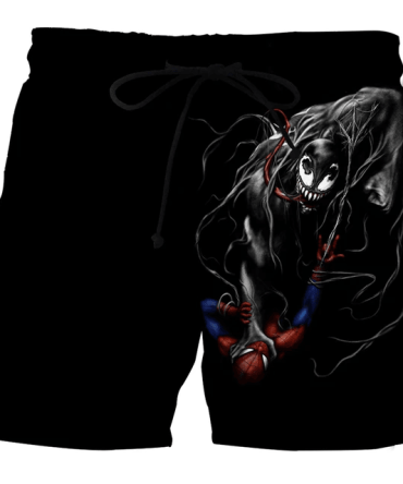 Men'S Black Graphic Swim Trunks - Venom & Spider Hero Design, Quick-Dry Beachwear