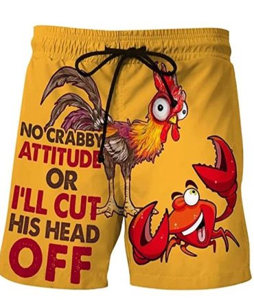 Funny Crab & Rooster Swim Trunks - Bold Yellow Beach Shorts For Men