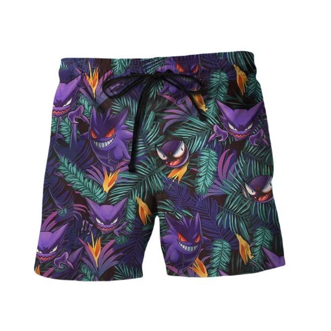 Vibrant Gengar Tropical Print Swim Trunks - Men'S Quick-Dry Beach Shorts