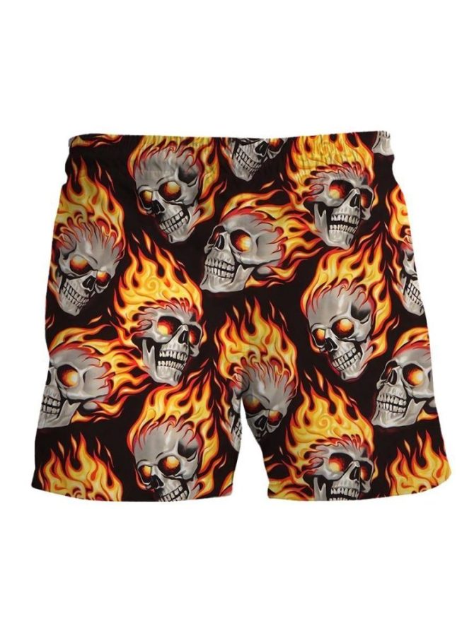 Men'S Flaming Skull Swim Trunks - Bold Fire Pattern Beach Shorts - Image 2