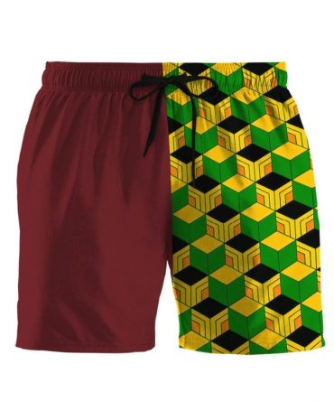 Bold Geometric Men'S Swim Shorts - Vibrant Red & Yellow Green Design