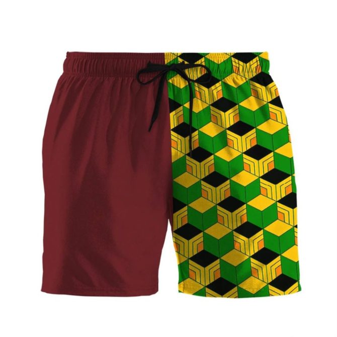 Bold Geometric Men'S Swim Shorts - Vibrant Red & Yellow Green Design