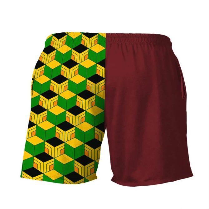 Bold Geometric Men'S Swim Shorts - Vibrant Red & Yellow Green Design - Image 2