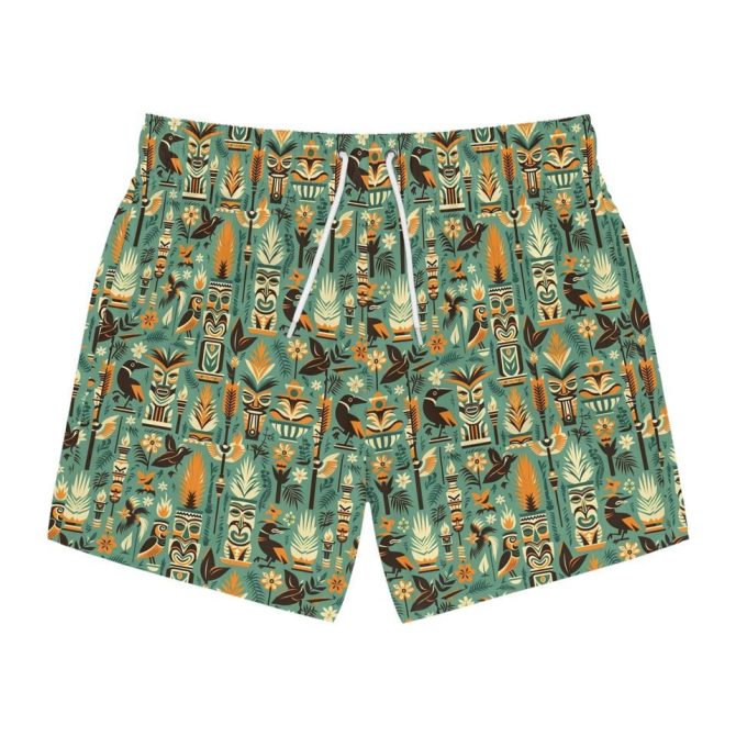 Tropical Tiki Print Men'S Swim Shorts - Vibrant Beachwear For Summer Fun!