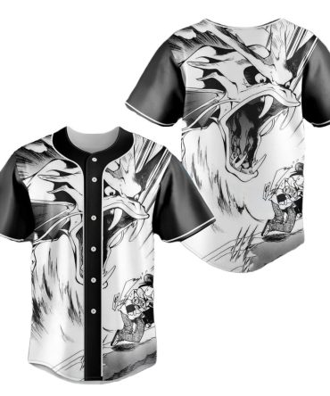 Epic Anime Dragon Baseball Jersey - Bold Black & White Graphic Tee For Fans