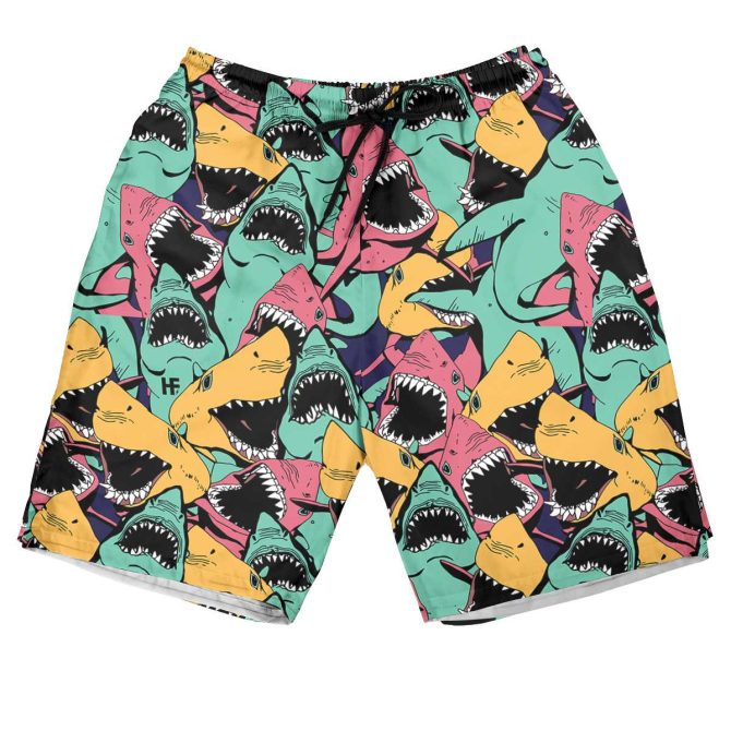Men'S Colorful Shark Print Swim Trunks - Bold Summer Beachwear Shorts