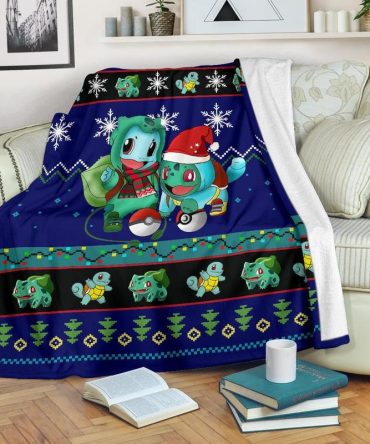 Cozy Holiday Pokémon Blanket - Squirtle & Bulbasaur Festive Design - Perfect Gift!