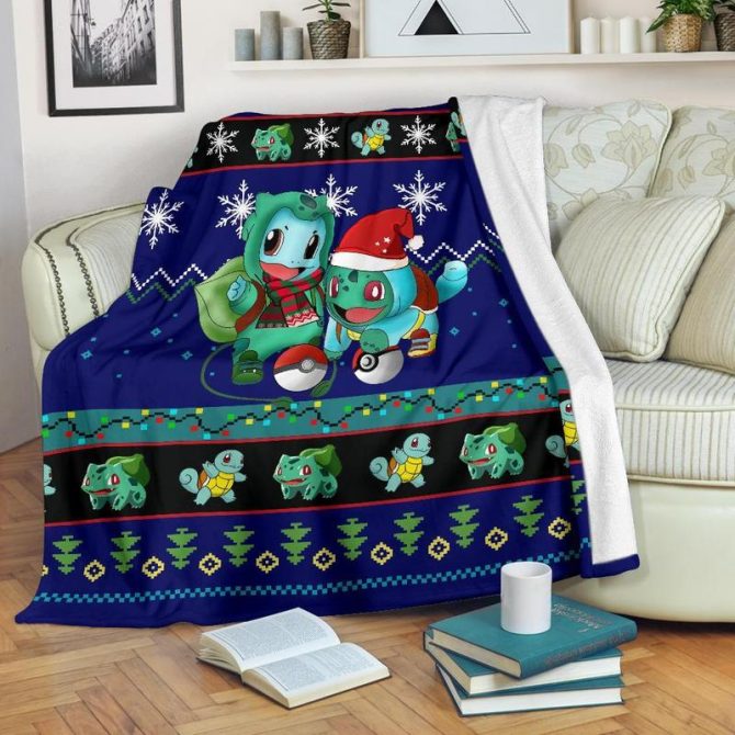 Cozy Holiday Pokémon Blanket - Squirtle & Bulbasaur Festive Design - Perfect Gift!
