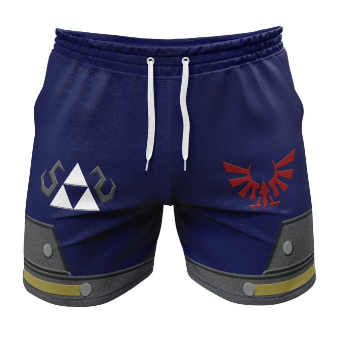 Blue Gamer Athletic Shorts With Retro Sword & Shield Design - Comfy & Cool!