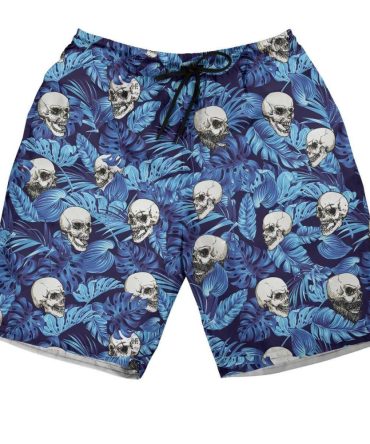 Skull & Leaf Print Men'S Swim Shorts - Cool Blue Tropical Beachwear