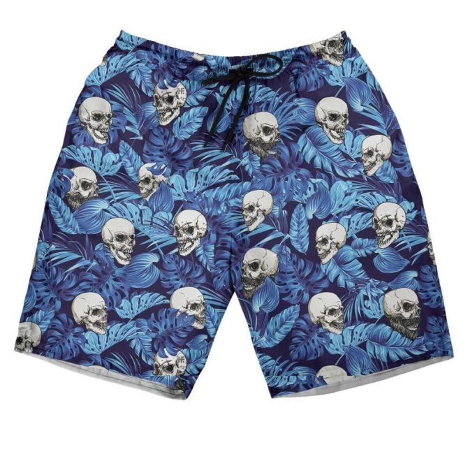 Skull & Leaf Print Men'S Swim Shorts - Cool Blue Tropical Beachwear