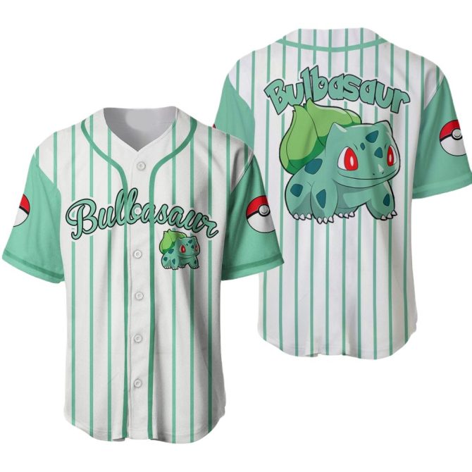Bulbasaur Baseball Jersey - Stylish Green Striped Anime Fan Shirt For Kids & Adults