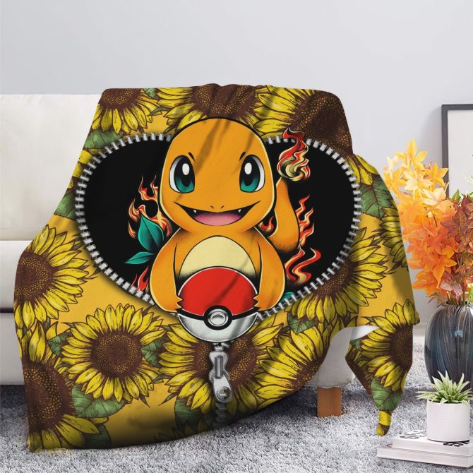 Cozy Charmander Blanket With Sunflower Design – Perfect Gift For Pokémon Fans! - Image 2