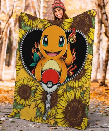 Cozy Charmander Blanket With Sunflower Design – Perfect Gift For Pokémon Fans!