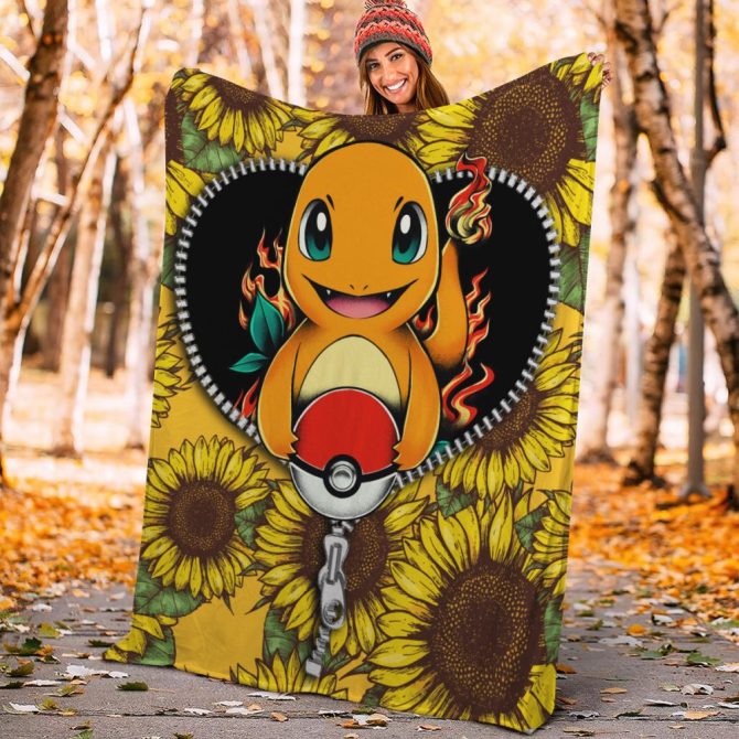 Cozy Charmander Blanket With Sunflower Design – Perfect Gift For Pokémon Fans!