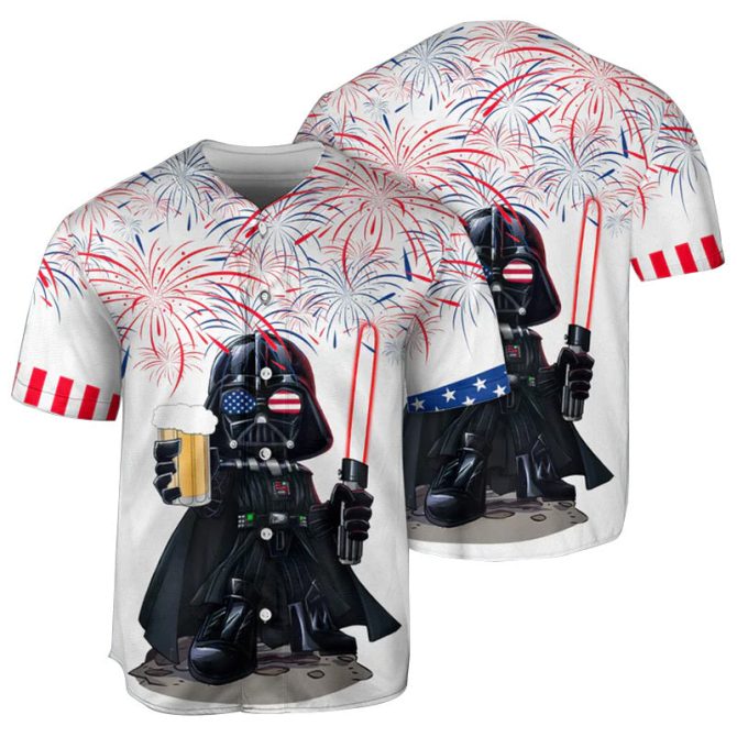Patriotic Sci-Fi Jersey: Fireworks & Laser Sword Design - Perfect For Celebrations!