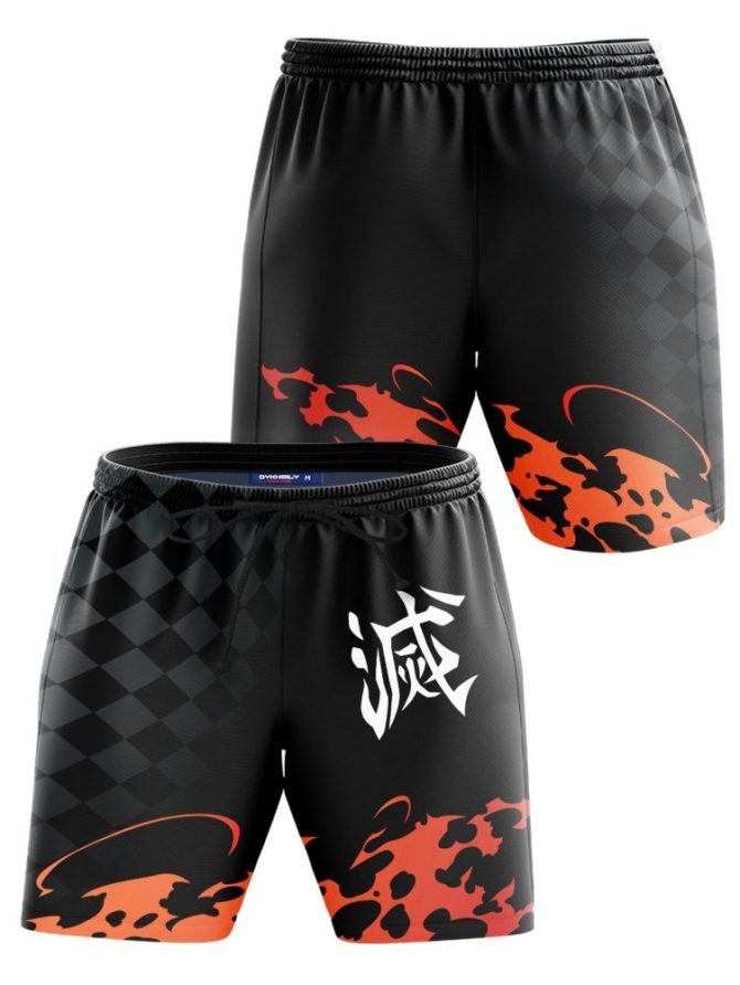 Men'S Anime-Style Black & Red Sports Shorts - Breathable, Lightweight Design