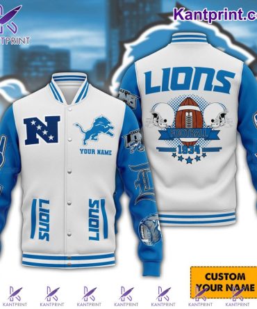Custom Lions Varsity Jacket - Personalized Football Design - Blue & White
