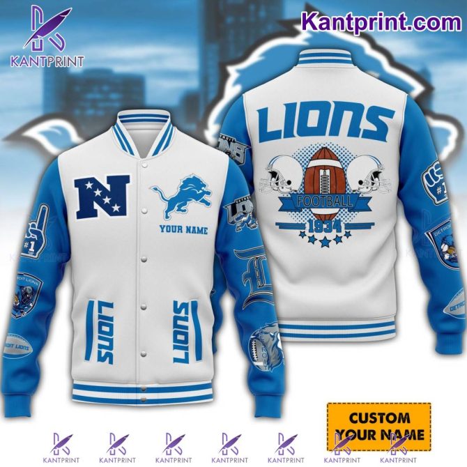 Custom Lions Varsity Jacket - Personalized Football Design - Blue & White
