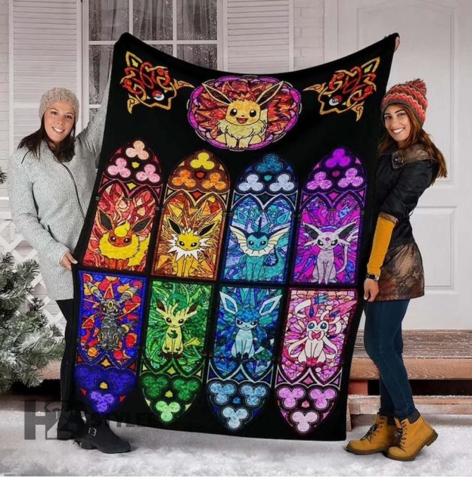 Cozy Eeveelution Stained Glass Fleece Blanket - Vibrant Pokemon Design For Fans & Collectors