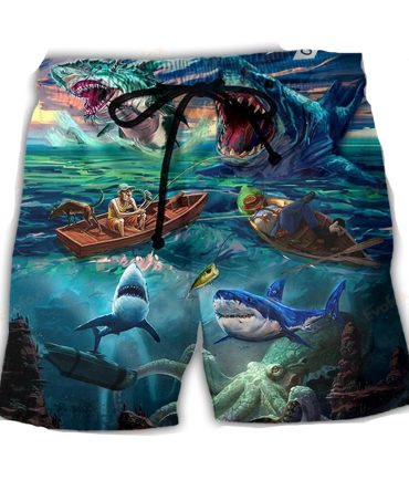 Men'S 3D Shark Attack Swim Trunks - Vibrant Ocean Adventure Beach Shorts