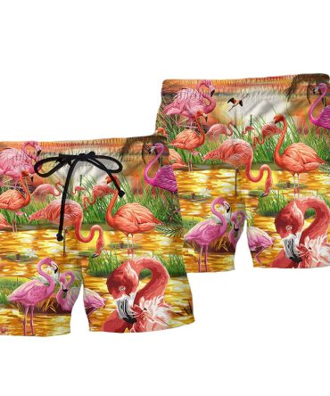 Vibrant Flamingo Print Swim Trunks - Stylish Summer Beachwear For Men & Women