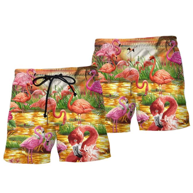 Vibrant Flamingo Print Swim Trunks - Stylish Summer Beachwear For Men & Women