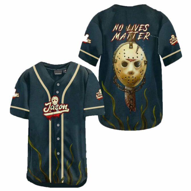 Stylish Horror Baseball Jersey – 'No Lives Matter' Jason Mask Design Tee