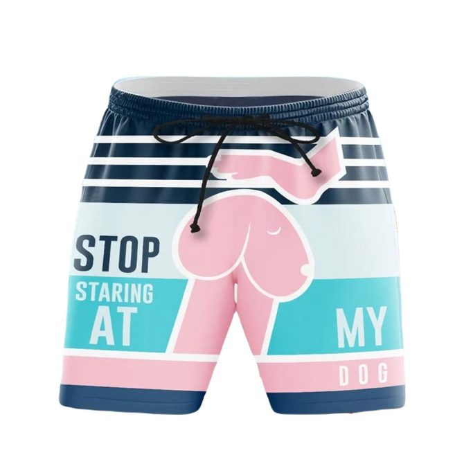 Funny 'Stop Staring At My Dog' Swim Trunks – Unique Beachwear For Dog Lovers