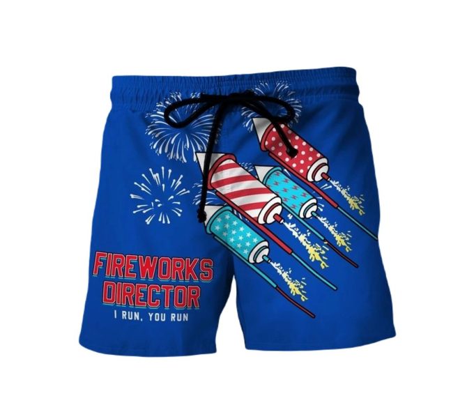 Men'S Fireworks Director Swim Trunks - Fun Patriotic Beach Shorts With Firecracker Design