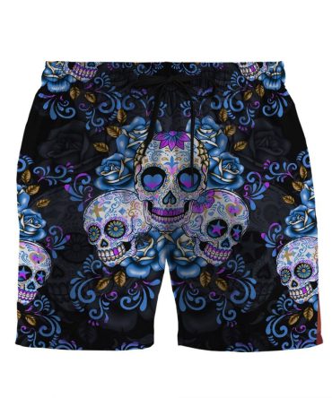 Vibrant Sugar Skull Swim Shorts - Bold Floral Design, Perfect For Summer Fun!
