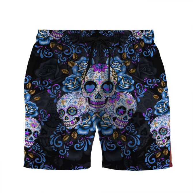 Vibrant Sugar Skull Swim Shorts - Bold Floral Design, Perfect For Summer Fun!
