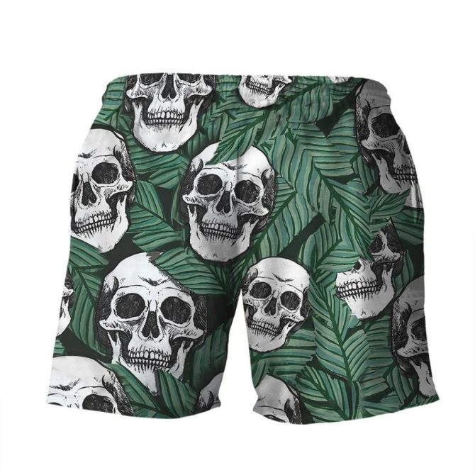 Men'S Tropical Skull Print Swim Trunks - Bold Leaf Design Beach Shorts - Image 2