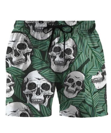Men'S Tropical Skull Print Swim Trunks - Bold Leaf Design Beach Shorts