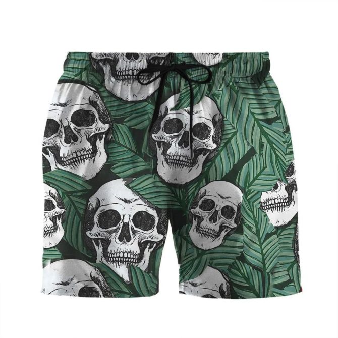 Men'S Tropical Skull Print Swim Trunks - Bold Leaf Design Beach Shorts