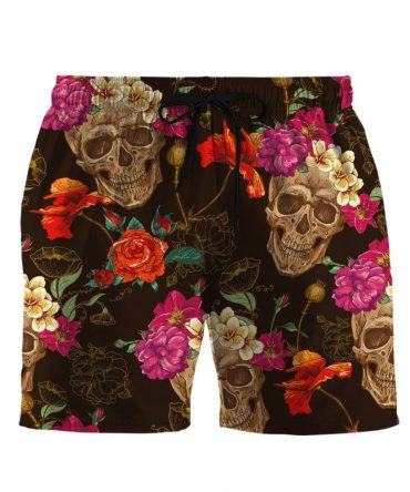 Men’S Floral Skull Swim Trunks - Vibrant Gothic Beachwear - Summer Style Board Shorts