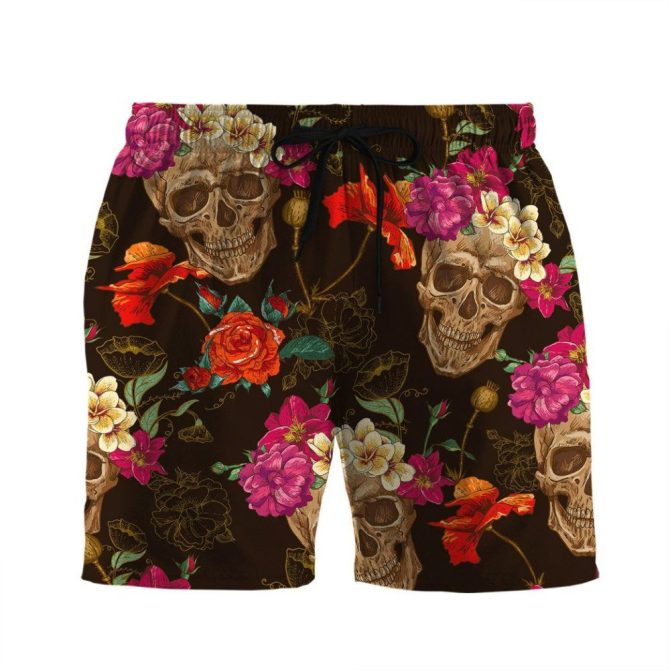 Men’S Floral Skull Swim Trunks - Vibrant Gothic Beachwear - Summer Style Board Shorts