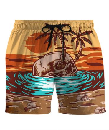 Skull Island Graphic Swim Shorts - Tropical Beachwear For Men - Vibrant Summer Style