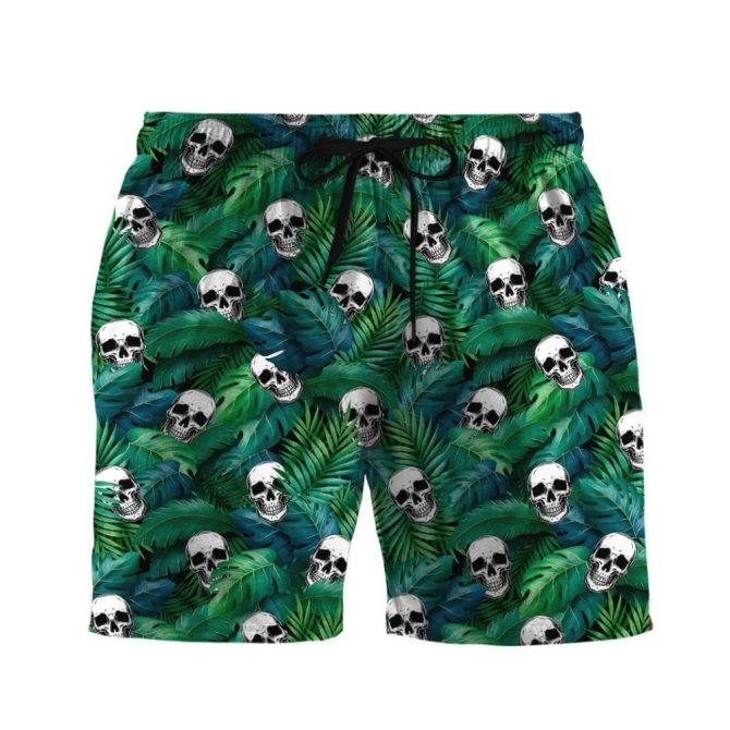 Men'S Tropical Skull Swim Shorts - Bold Leaf Print Beachwear