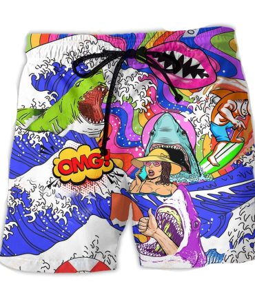 Vibrant Shark Attack Surf Shorts - Fun Pop Art Beachwear For Men