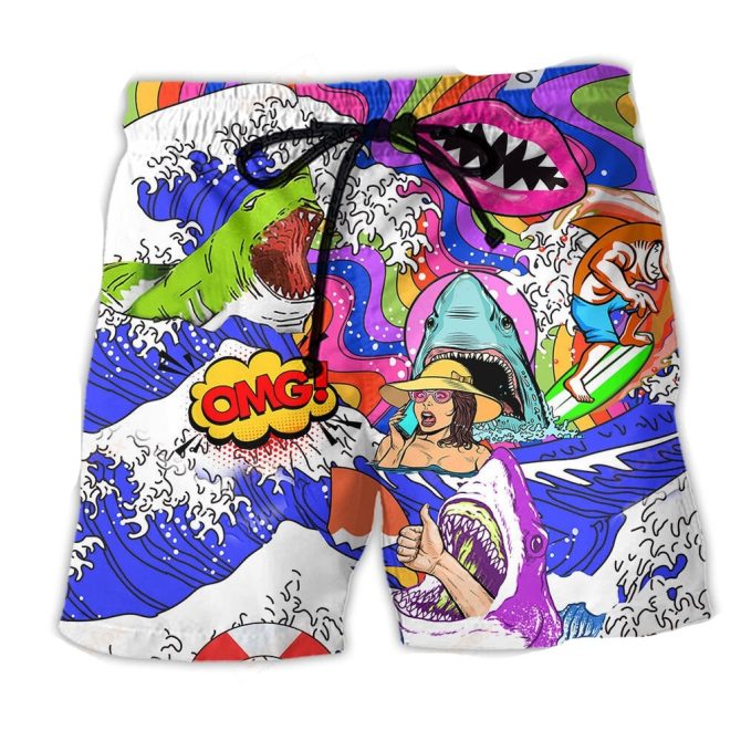 Vibrant Shark Attack Surf Shorts - Fun Pop Art Beachwear For Men