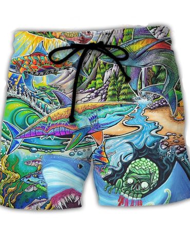 Vibrant Shark Print Swim Trunks - Men'S Quick-Dry Beach Shorts With Colorful Ocean Design