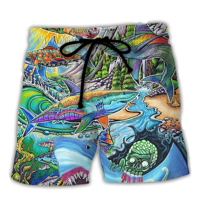 Vibrant Shark Print Swim Trunks - Men'S Quick-Dry Beach Shorts With Colorful Ocean Design
