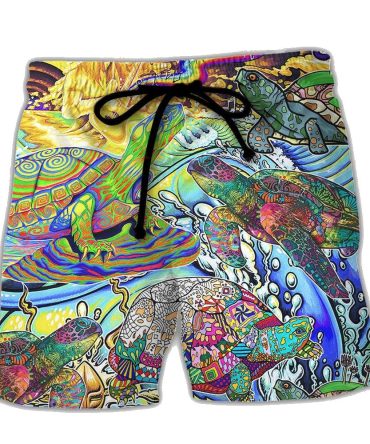 Vibrant Sea Turtle Print Swim Shorts - Quick Dry Beachwear For Men - Unique Ocean Design