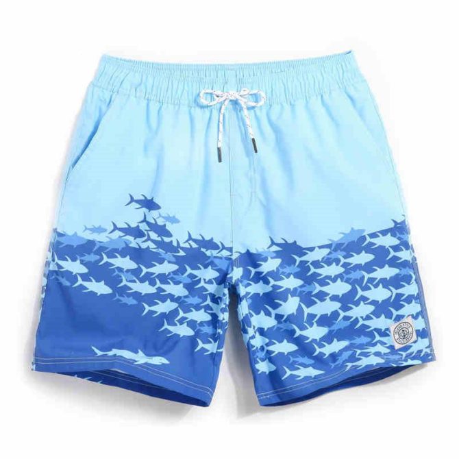 Men'S Blue Shark Print Swim Trunks - Quick Dry Beach Shorts With Elastic Waistband