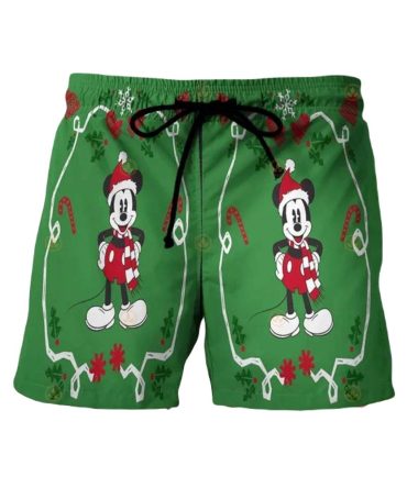Festive Green Holiday Swim Shorts With Cartoon Print For Men - Perfect Christmas Beachwear