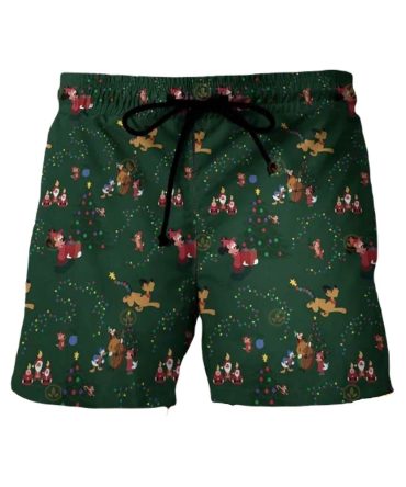 Festive Green Christmas Shorts – Cartoon Characters & Holiday Cheer Swim Trunks