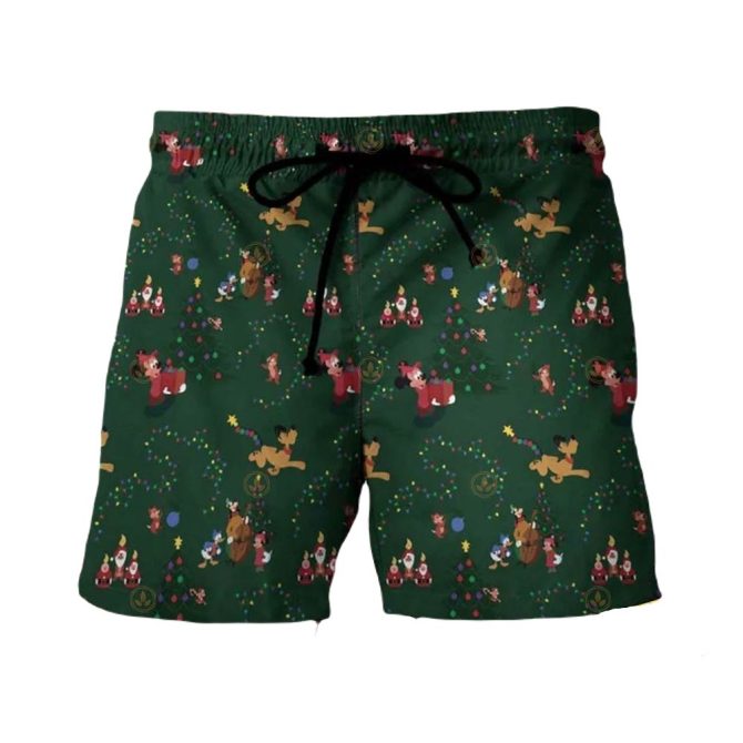 Festive Green Christmas Shorts – Cartoon Characters & Holiday Cheer Swim Trunks
